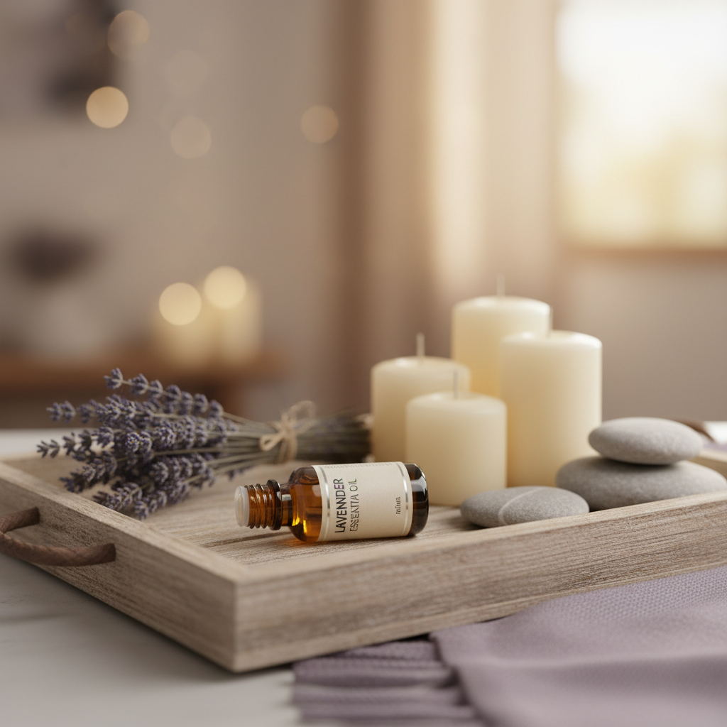 Huile essentielle lavande sur plateau en bois avec bougies